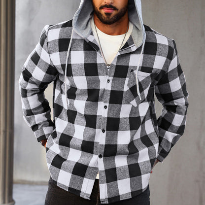 🔥Oferta de año nuevo🔥Camisa de franela a cuadros versátil con capucha para hombre
