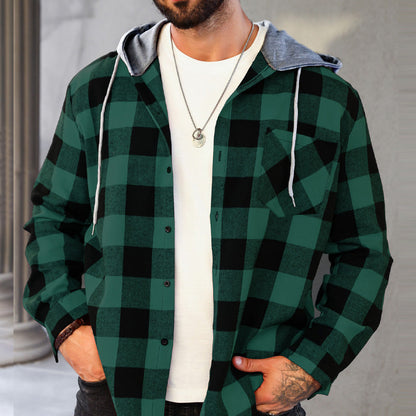 🔥Oferta de año nuevo🔥Camisa de franela a cuadros versátil con capucha para hombre