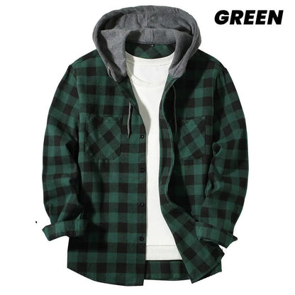 🔥Oferta de año nuevo🔥Camisa de franela a cuadros versátil con capucha para hombre