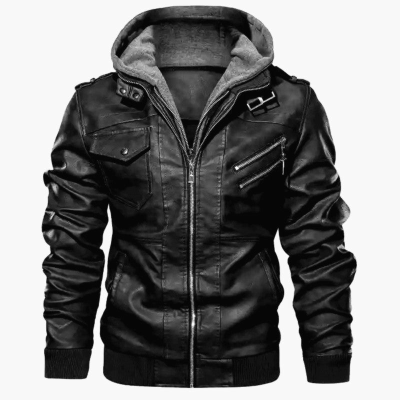 Herrenjacke aus PU-Leder mit Reißverschluss und Kapuze