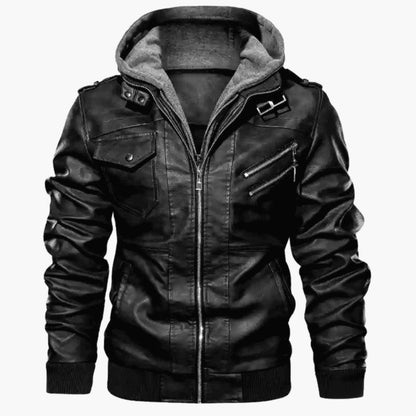 Herrenjacke aus PU-Leder mit Reißverschluss und Kapuze