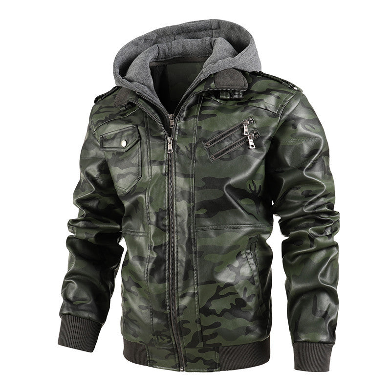 Herrenjacke aus PU-Leder mit Reißverschluss und Kapuze