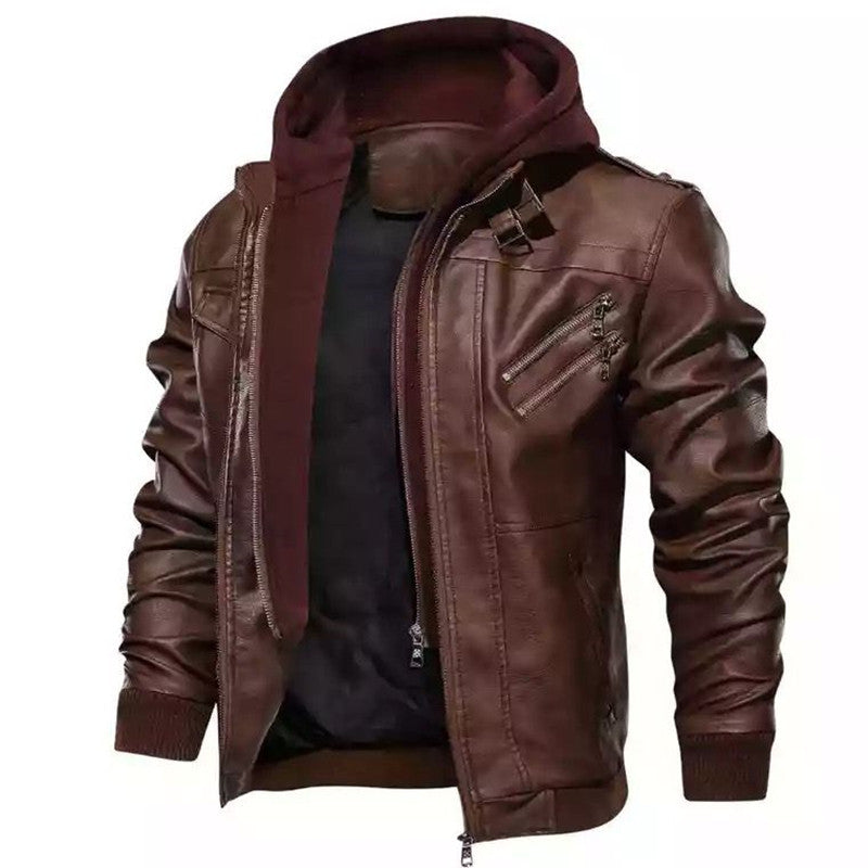 Herrenjacke aus PU-Leder mit Reißverschluss und Kapuze