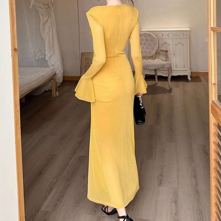 Vestido elegante de Fodycon Maxi con un cuello en V y ciego plisado