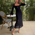 Spitzenkleid mit Trompetenärmel, Schlitzsaum und Taillenschnitt