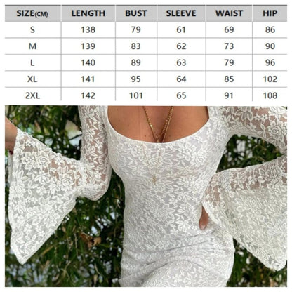 Vestido de encaje con mangas de trompeta, dobladillo de ranura y corte de cintura