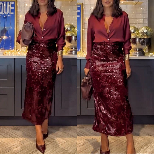 💥Venta caliente 50% de descuento💃Elegante conjunto de 2 piezas de top y falda de lentejuelas para mujer