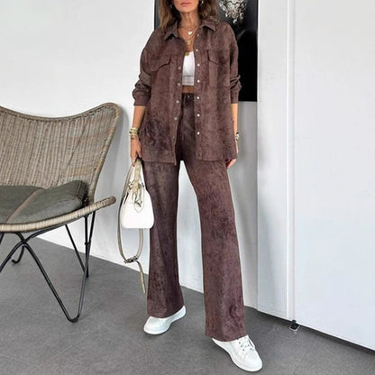 Botón de tinte para mujeres blusa y pantalones de 2 partes establecidas para ocio