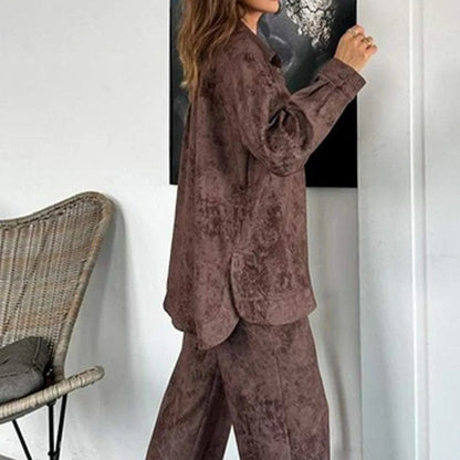 Botón de tinte para mujeres blusa y pantalones de 2 partes establecidas para ocio