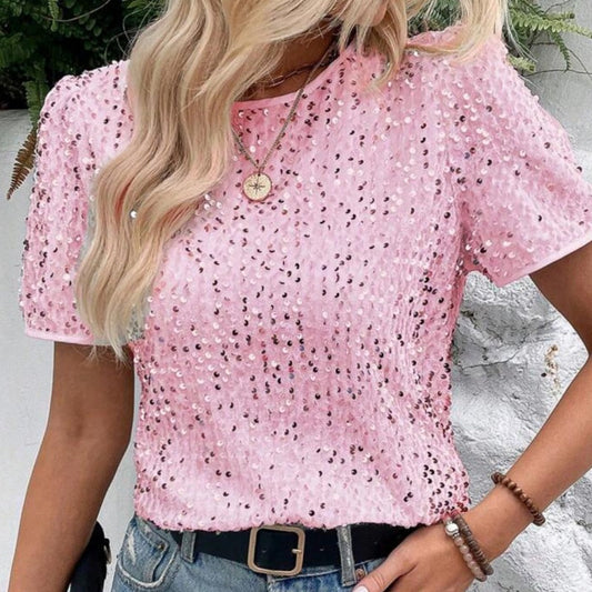 Camiseta suelta elegante de las mujeres con un escote circular y lentejuelas