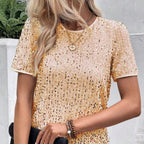 Damen stylisches lockeres T-Shirt mit Rundhalsausschnitt und Pailletten