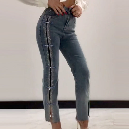 👖¡Hasta 55% de descuento!✨Vaqueros de mujer con brillantes pedrería y elegante abertura.✨