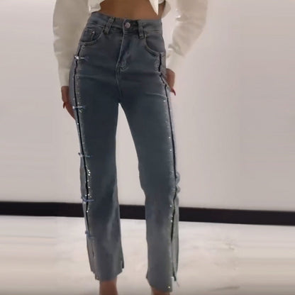 👖¡Hasta 55% de descuento!✨Vaqueros de mujer con brillantes pedrería y elegante abertura.✨
