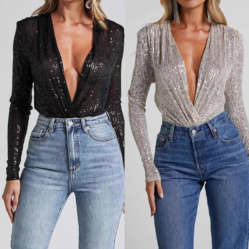 Damen eleganter Pailletten-Bodysuit mit tiefem V-Ausschnitt
