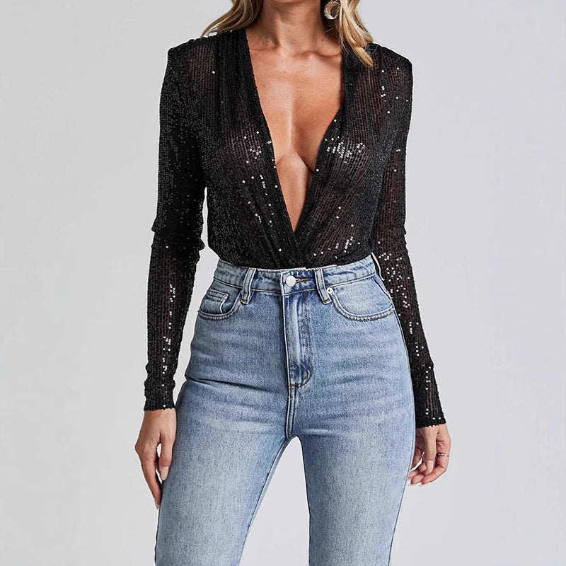 Damen eleganter Pailletten-Bodysuit mit tiefem V-Ausschnitt
