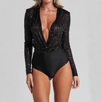Damen eleganter Pailletten-Bodysuit mit tiefem V-Ausschnitt