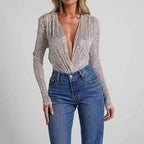 Damen eleganter Pailletten-Bodysuit mit tiefem V-Ausschnitt