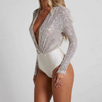 Damen eleganter Pailletten-Bodysuit mit tiefem V-Ausschnitt