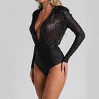 Damen eleganter Pailletten-Bodysuit mit tiefem V-Ausschnitt