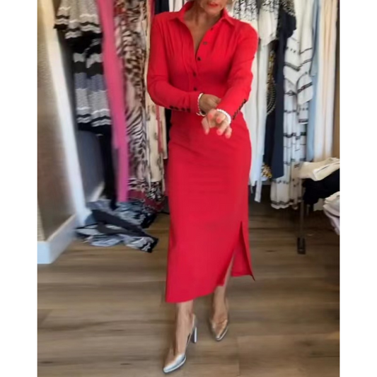 💥44% DE DESCUENTO!! 🌹Vestido rojo sexy de manga larga con solapa para mujer