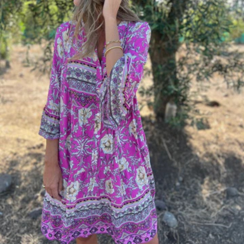 Lässiges Kleid mit Blumenmuster, V-Ausschnitt und Knopfverschluss