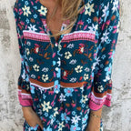 Lässiges Kleid mit Blumenmuster, V-Ausschnitt und Knopfverschluss