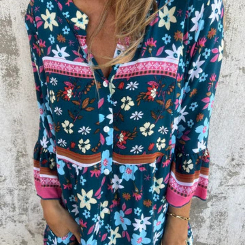 Lässiges Kleid mit Blumenmuster, V-Ausschnitt und Knopfverschluss