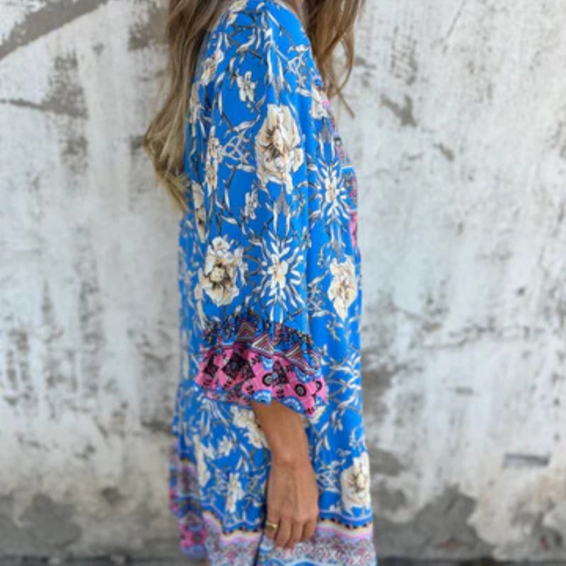 Lässiges Kleid mit Blumenmuster, V-Ausschnitt und Knopfverschluss