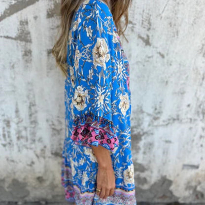 Lässiges Kleid mit Blumenmuster, V-Ausschnitt und Knopfverschluss