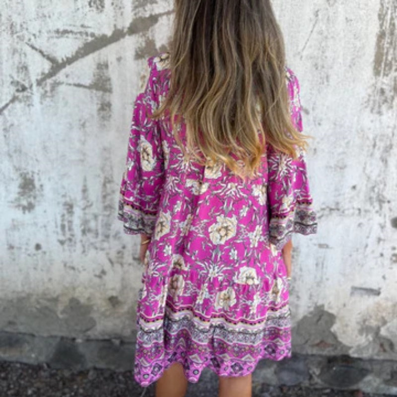 Lässiges Kleid mit Blumenmuster, V-Ausschnitt und Knopfverschluss