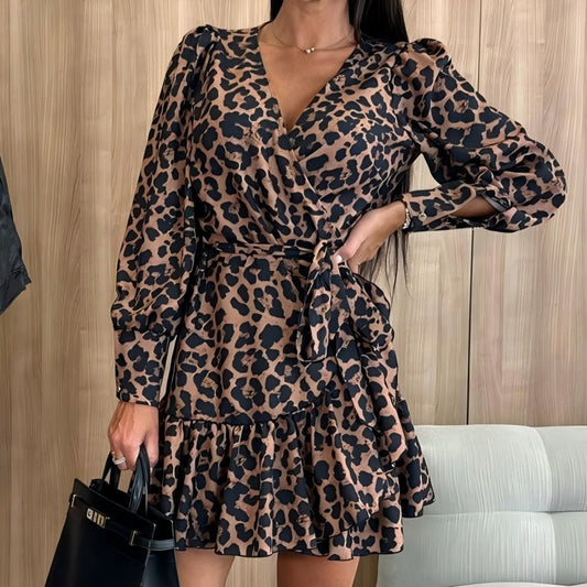 💕¿Qué me pongo mañana?💕Vestido cruzado con cuello en V y lazo en la cintura con estampado de leopardo