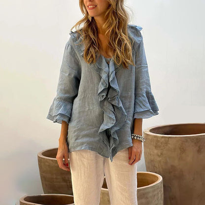 💞Venta caliente 49% de descuento🔥Blusa de mujer con cuello con volantes y mangas acampanadas