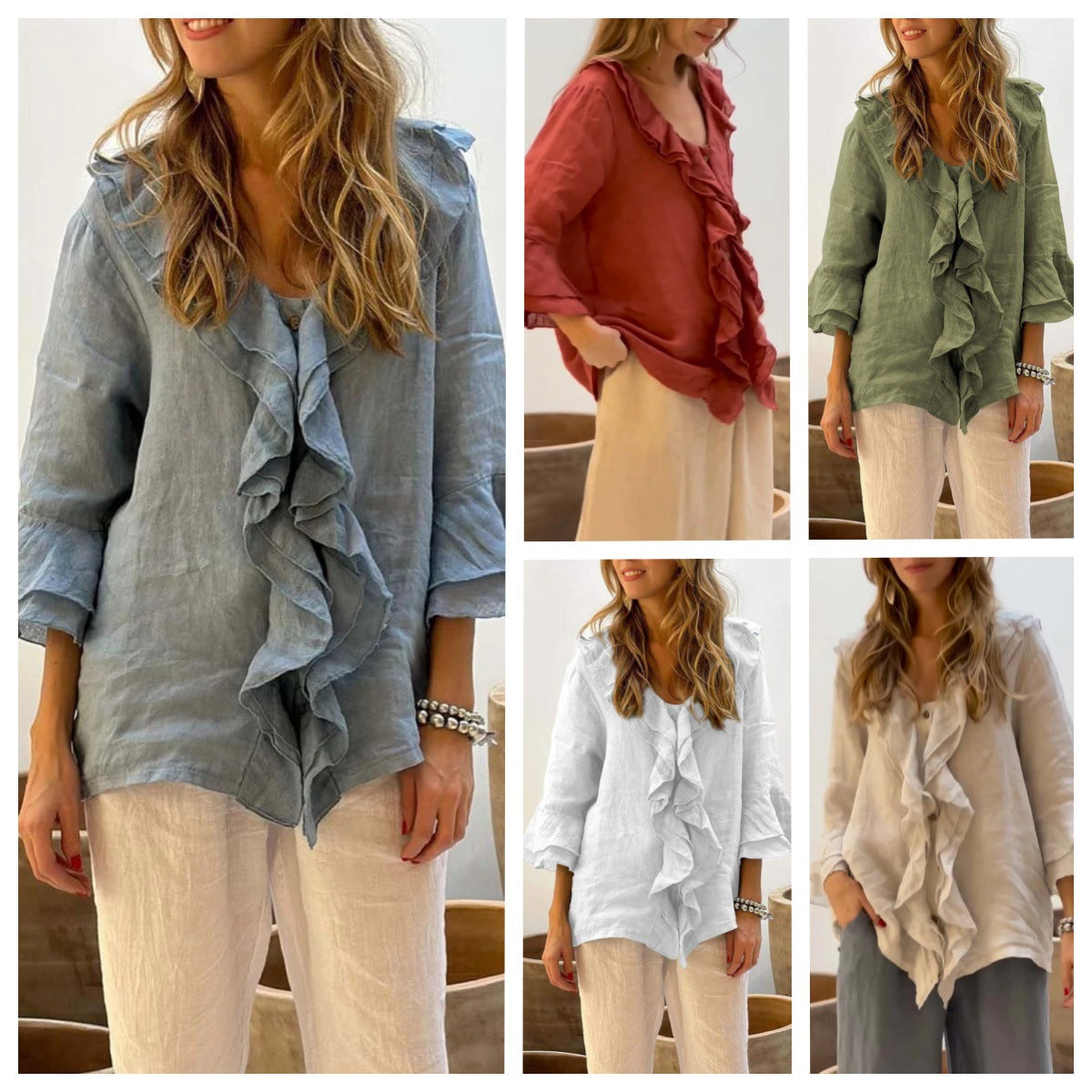 💞Venta caliente 49% de descuento🔥Blusa de mujer con cuello con volantes y mangas acampanadas