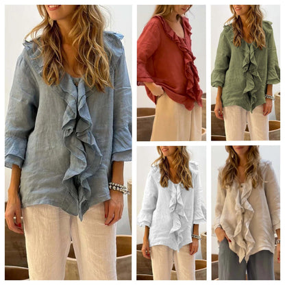 💞Venta caliente 49% de descuento🔥Blusa de mujer con cuello con volantes y mangas acampanadas