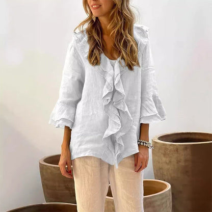 💞Venta caliente 49% de descuento🔥Blusa de mujer con cuello con volantes y mangas acampanadas