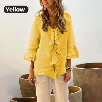 💞Venta caliente 49% de descuento🔥Blusa de mujer con cuello con volantes y mangas acampanadas