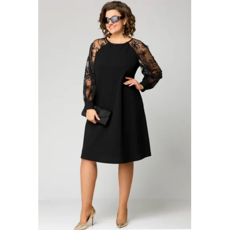 Spitzen-Patchwork-Kleid mit Rundhalsausschnitt und langen Ärmeln