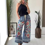 Damen-Freizeithose aus Imitat-Denim mit Kordelzug