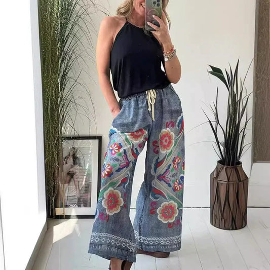 Pantalones de ocio femeninos hechos de mezclilla imitat con un tren de cordón