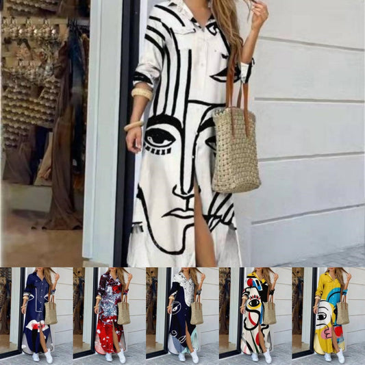 Vestido maxi colorido de mujeres con presión abstracta y hendiduras laterales