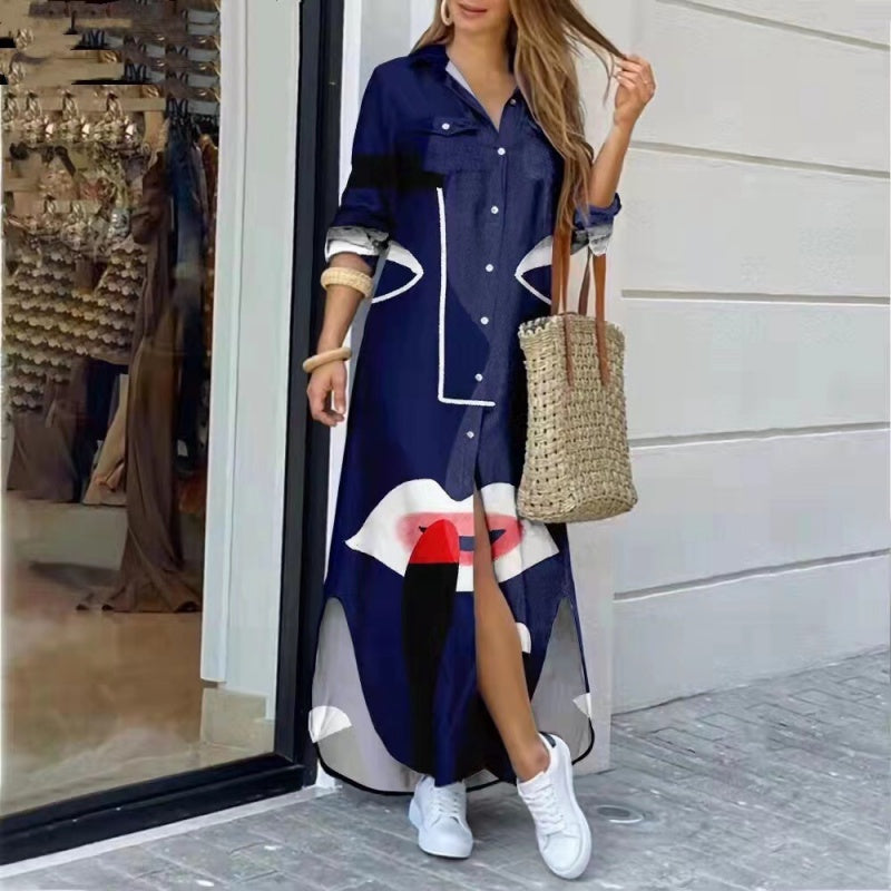 Damen Buntes Maxikleid mit abstraktem Druck und Seitenschlitzen