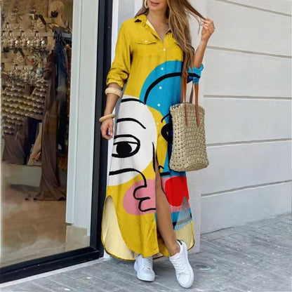 Vestido maxi colorido de mujeres con presión abstracta y hendiduras laterales