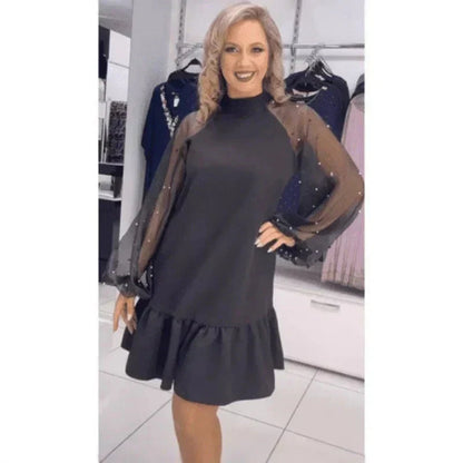 2025 Neues Design👗Kleid mit langen Mesh-Ärmeln und Rüschensaum✨
