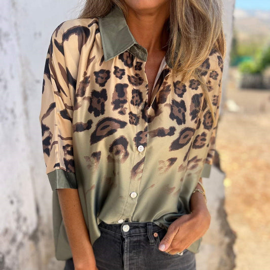 Botón camisa con patrón de leopardo para mujeres