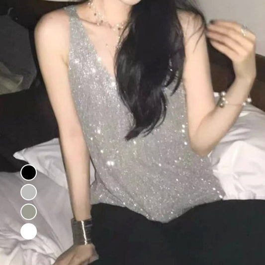 Lentejuelas de cuello en V femenino sin mangas sin mangas