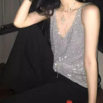 Lentejuelas de cuello en V femenino sin mangas sin mangas