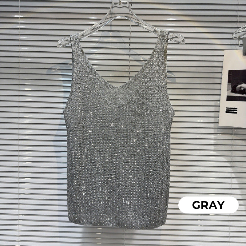 Damen V-Ausschnitt Pailletten Ärmelloses Tank Top