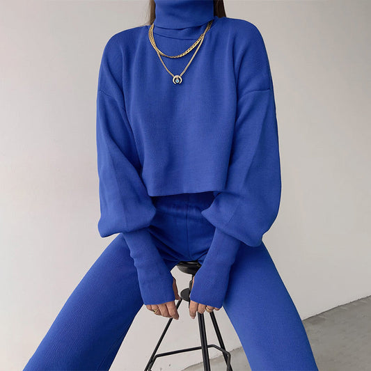 Atuendo de damas con tapa de recorte de cuello alto de manga larga y pantalones