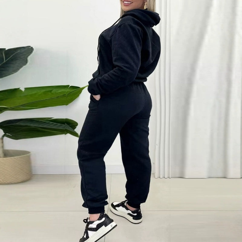 Einfarbiger lässiger warmer Damen-Zweiteiler mit Oberteil und Hose