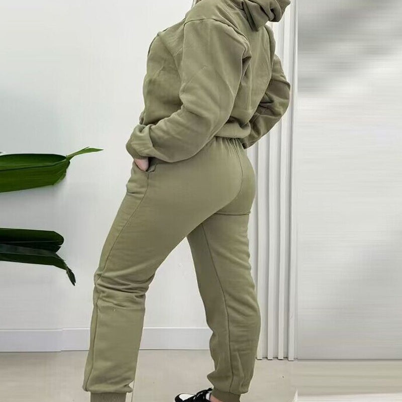 Einfarbiger lässiger warmer Damen-Zweiteiler mit Oberteil und Hose